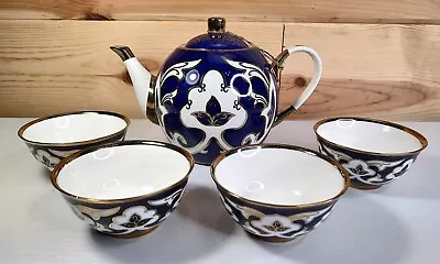 Buy Lomonosov Porcelain Hand Decorated Tea Pot Plus 4 Tea Cups Blue Gold White • 75.28£
