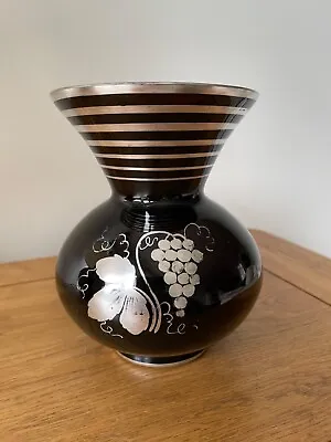 Buy Vintage Black Amethyst Glass Vase Silver Overlay • 9.99£