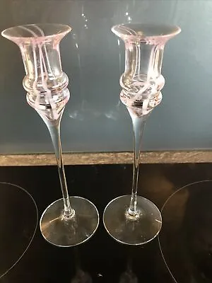 Buy Pair Of Vintage Caithness Glass Candle Holders With Pink Candy Swirl • 18£
