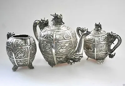Buy Antique Chinese China Export Solid Silver Tea Set Pot Bowl Creamer 1850 • 10,273.84£