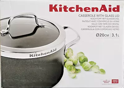 Buy KITCHEN AID Pot Black Casserole With Glass Lid 20cm / 3.1L, NON-STICK, Rrp:£84 • 34.95£