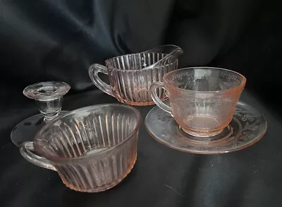 Buy Vintage  Pink Depression Glass - Lot Of 5 - Creamer.cups,saucer,candle Holder • 13.75£