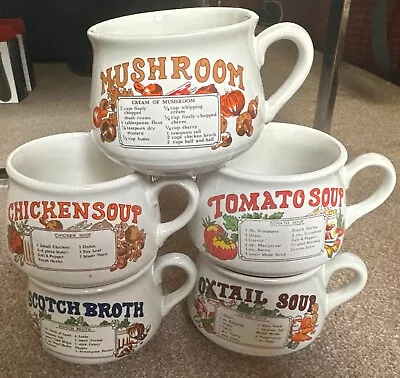 Buy 5 Vintage Ceramic Recipe Soup Mugs Bowls : Chicken Oxtail Broth Mushroom Tomato • 24.99£