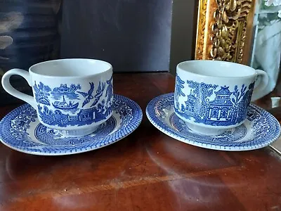 Buy Vintage Willow Pattern Blueware Cups And Saucers Pair Afternoon Tea • 10.50£