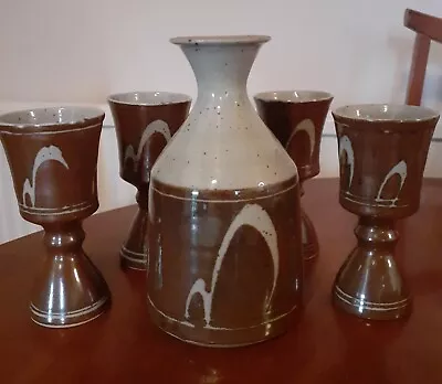 Buy Vtg David Frith Studio Pottery Wax Resist Carafe Decanter Vase & Goblet Set • 98£