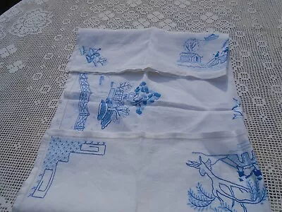 Buy Antique/Vintage  Art Deco Embroidered Tablecloth Blue Willow Pattern China On Wh • 12£