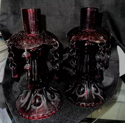Buy Vintage -  Cranberry Glass Candle Stick Holders - Set Of 2 With Hanging Gems • 35.84£