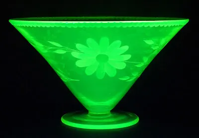 Buy Antique ART DECO Vintage URANIUM GLASS Green Cut Glass LARGE FOOTED BOWL / MINT! • 165.59£