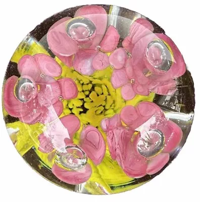 Buy VTG 70s PAPERWEIGHT Signed JOE HAMON ART GLASS Suspended Bubble Pink Flowers • 65.31£