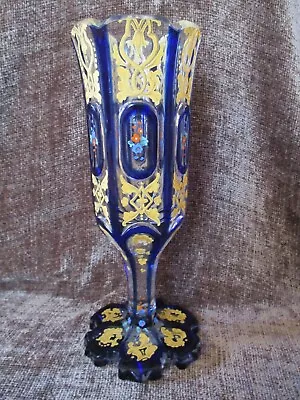 Buy Chech Antique Bohemian Hand Enameled Moser Cobalt Blue  Gold Flowers Wine Glass  • 236.81£