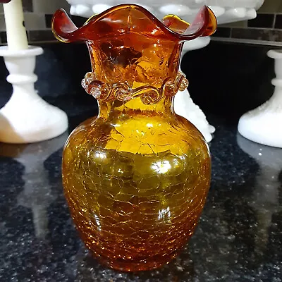 Buy Art Glass Vase Crackled Glass Clear Applied Ruffles Amberina Vintage • 14.22£