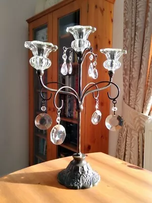 Buy Heavy Cast Metal And Glass Three-Arm Candelabra With Glass Droplets • 29.95£