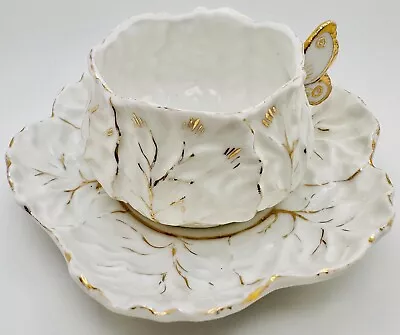 Buy Antique Cup & Saucer Butterfly Handle Cabbage Leaf Shape Unmarked German? Teacup • 33.56£