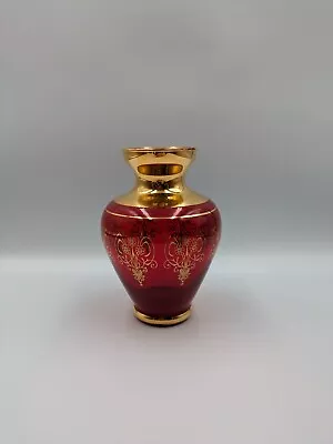 Buy Art Glass Vase Murano Italy 24k Gold Red Bohemian Gilt Vecchia MCM Vintage Lagun • 35£