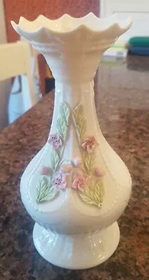 Buy Vintage IRISH Belleek Parian China Vase Pink & Green Applied Flowers~ 8.5  Tall • 19.99£