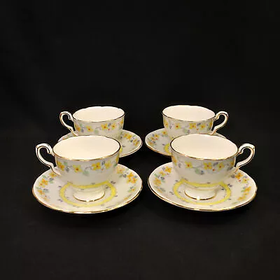 Buy Royal Stafford 4 Footed Cups & Saucers Yellow White Floral W/Gold 1940-1952 HTF • 93.76£