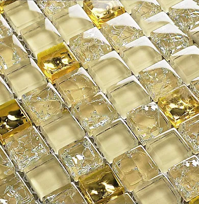 Buy New Luxury Gold Nugget & Beige Crackle Glass Small Square Mosaic Wall Tiles 8mm • 7.98£