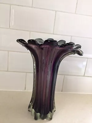 Buy Vintage Tall Bohemian Art Glass Vase Heavy Purple Grey Flared Top 1970s Retro • 49£