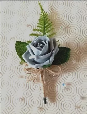 Buy 1 X Pale Wedgewood Blue  Rose Buttonhole Corsage  Rustic Twine Wedding Flowers  • 4.25£