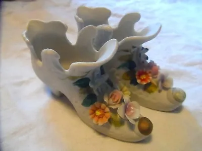 Buy Vintage Bisque Pottery Boots Shoes With Applied Flowers Pretty Fancy Ornaments • 18.50£