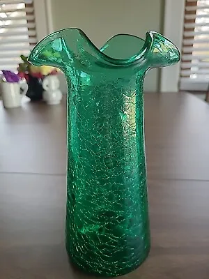 Buy Crackle Glass Emerald Green Hand Blown Ruffle Top Vase 8” Tall • 25.65£
