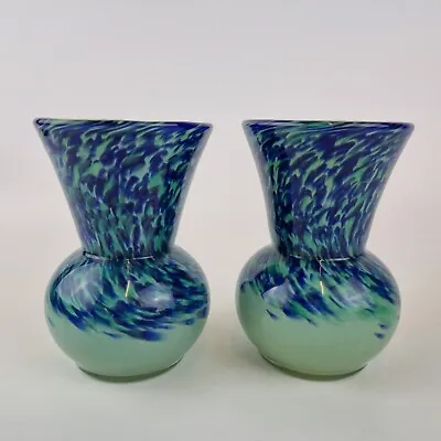 Buy Vintage Pair Of Monart Style Glass Vases Blue With Green Interior 10.5cm High • 79£
