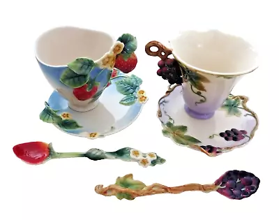 Buy FRANZ Porcelain Teacups Saucer Spoon Sets: Strawberry & Grapes Signed • 142.04£