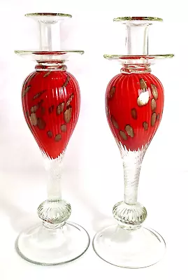 Buy Italian Glass Tall Candlesticks Art Glass Aventurine Red 14  Handblown Set Pair • 220.57£