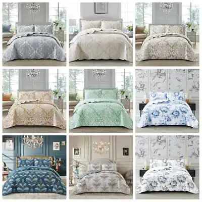 Buy Printed 3 Piece Quilted Bedspread Comforter Bed Throw Bedding And Pillow Sham • 28.99£