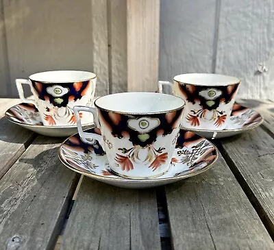 Buy 3 Gaudy Welsh Cups And Saucers Pearlware Hand Painted Gold And Orange-imari 1524 • 57.91£