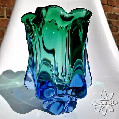 Buy CHRIBSKA LARGE HEAVY VINTAGE CZECH ART GLASS VASE -  BLUE GREEN - 19.5cm • 55£