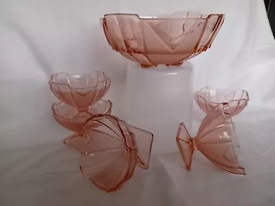 Buy Sowerby Pink Depression Glass 6 Pce Set Bowls Pattern Chevron 2631  • 30£
