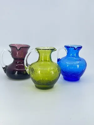 Buy Set Of 3 Vintage Crackle Glass Pitchers Blue Green Purple Amethyst SMALL • 28.24£