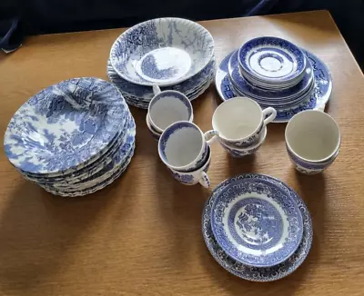Buy Job Lot 41 Pieces Mixture Of Willow/Castles Blue & White China Vintage • 45£