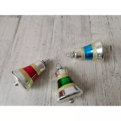 Buy Vintage Glitter Mercury Glass Bell Ornament Gold Striped Green Red Blue Set Xmas • 32.24£