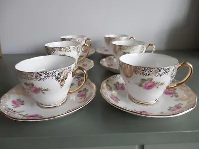 Buy Vintage Set Roslyn Fine Bone China Tea Cups & Saucers Roses & Gilt X 6 • 9£