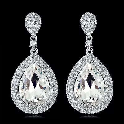 Buy Large Crystal Teardrop Large Drop Silver Plated Diamante Dangle Earrings • 6.99£