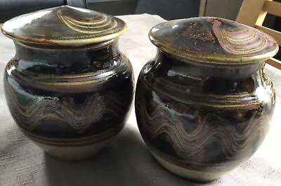 Buy 2 Vintage Stone Ware Brown & Black Glazed Studio Pottery Storage Jars With Lids • 12.50£