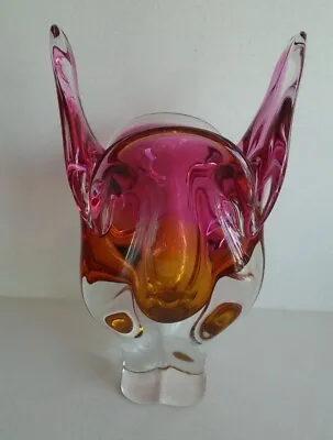 Buy CHRIBSKA Sommerso Art Glass Cats Head Ear Vase Pink Orange JOSEF HOSPODKA Czech • 28.99£