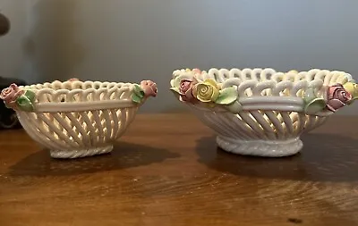 Buy Capodimonte Italy Porcelain Bowls 5” & 3.5” Pink/Yellow Roses Basket Braided • 31.13£