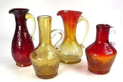 Buy Vintage Crackle Glass Mini Pitches Vases Amberina Art Glass Hand Blown Lot Of 4 • 76.69£