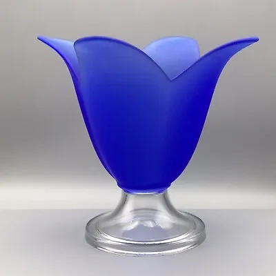 Buy 💙 A Stunning Vintage Matte Cobalt Blue Art Glass Vase With A Clear Glass Stem. • 25£