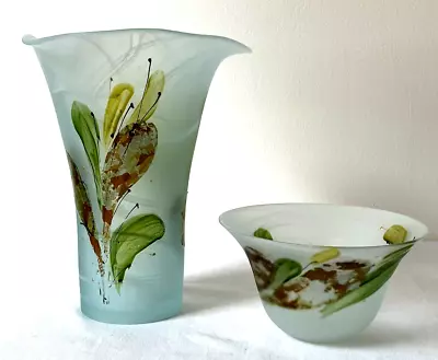 Buy Murano Art Glass Frosted 10” & Vase 3.5  Bowl Hand Painted  VTG Yellow Flower • 28.94£