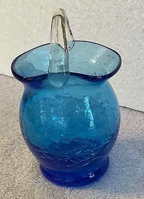 Buy Vintage CRACKLE Glass Vase Basket 4.5” Hand Blown Blue Clear Handle • 9.46£
