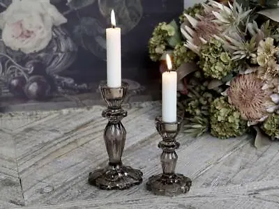 Buy Mocca Coloured Glass Candlestick Dinner Candle Holder, Beige Lace 15cm • 15£