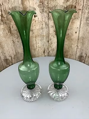 Buy Vintage Pair Of 1980s Green Art Glass Vases Flutes &Frill Tops 8.5 Inch High • 14£