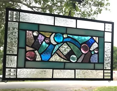 Buy ABSTRACT STYLE  17  X 10   Real Stained Glass Window Panel Hangs 2 Ways • 146.17£