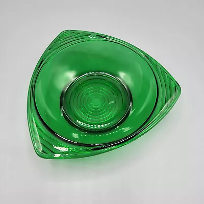 Buy Vtg Emerald Green Glass Triangular Shape Ribbed Handles Candy Nut Bowl Dish • 16.97£