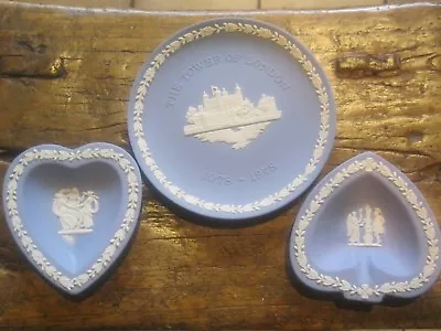 Buy Wedgwood Jasper Blue  Ware . 2 Heart Shaped Dishes . 1 Round Tower Of London • 12£