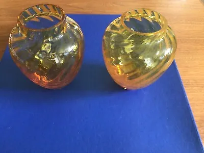 Buy Pair Langham Amber Glass Spiral Vases Perfect Signed • 25£